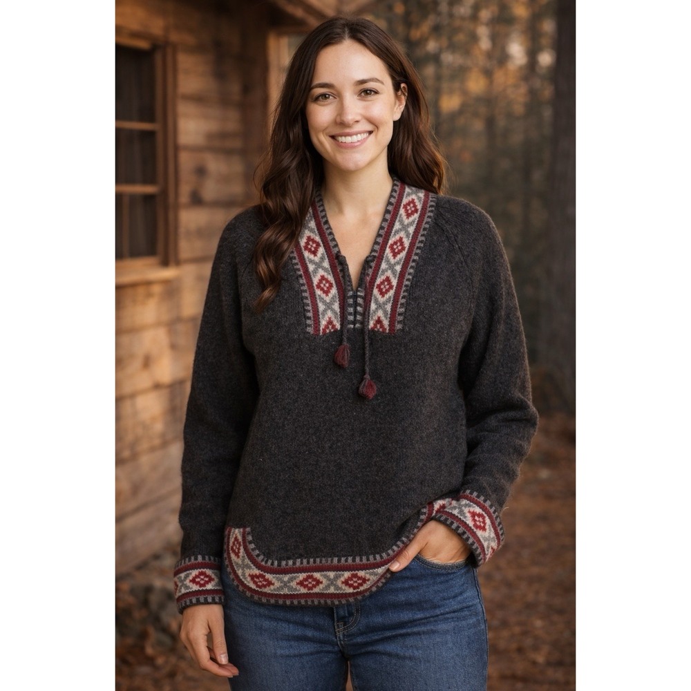Polo Ralph Lauren Nordic Ski Peasant Pullover Sweater S Tassel Pom Pom Gray VTG